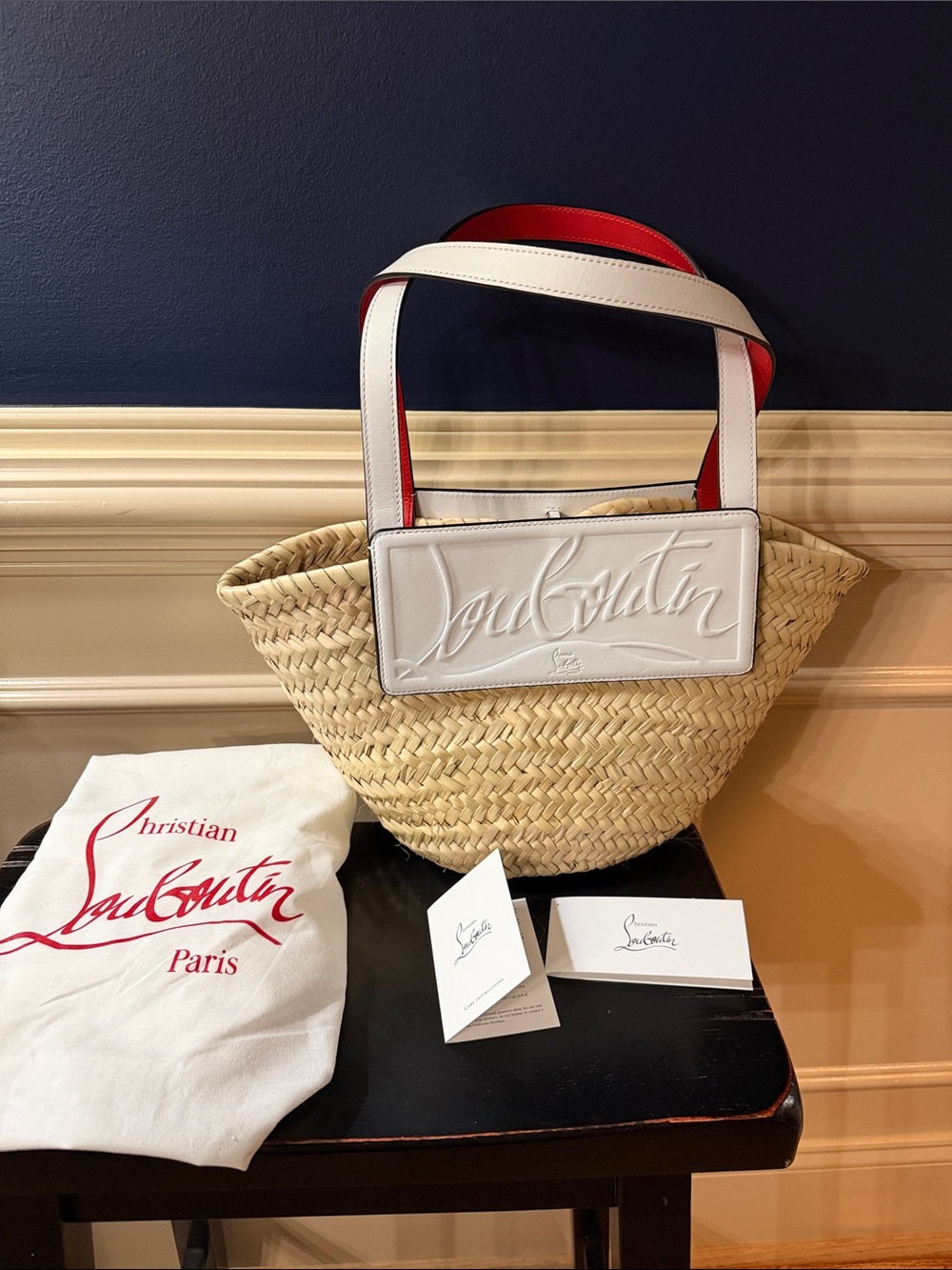 Christian Louboutin White and Red Trim Natural Straw Loubishore Bag